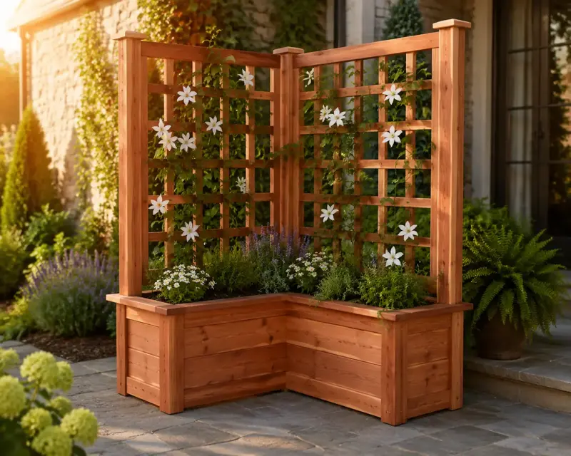 Corner L-Shaped Trellis cedar planter design concept
