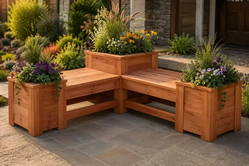 Corner Welcome Bench cedar planter design concept
