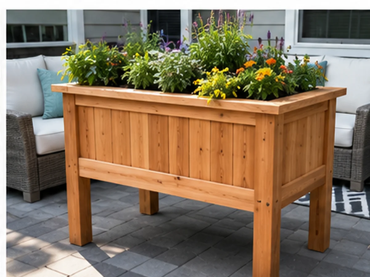 Elevated cedar planter designed for a finished patio setting