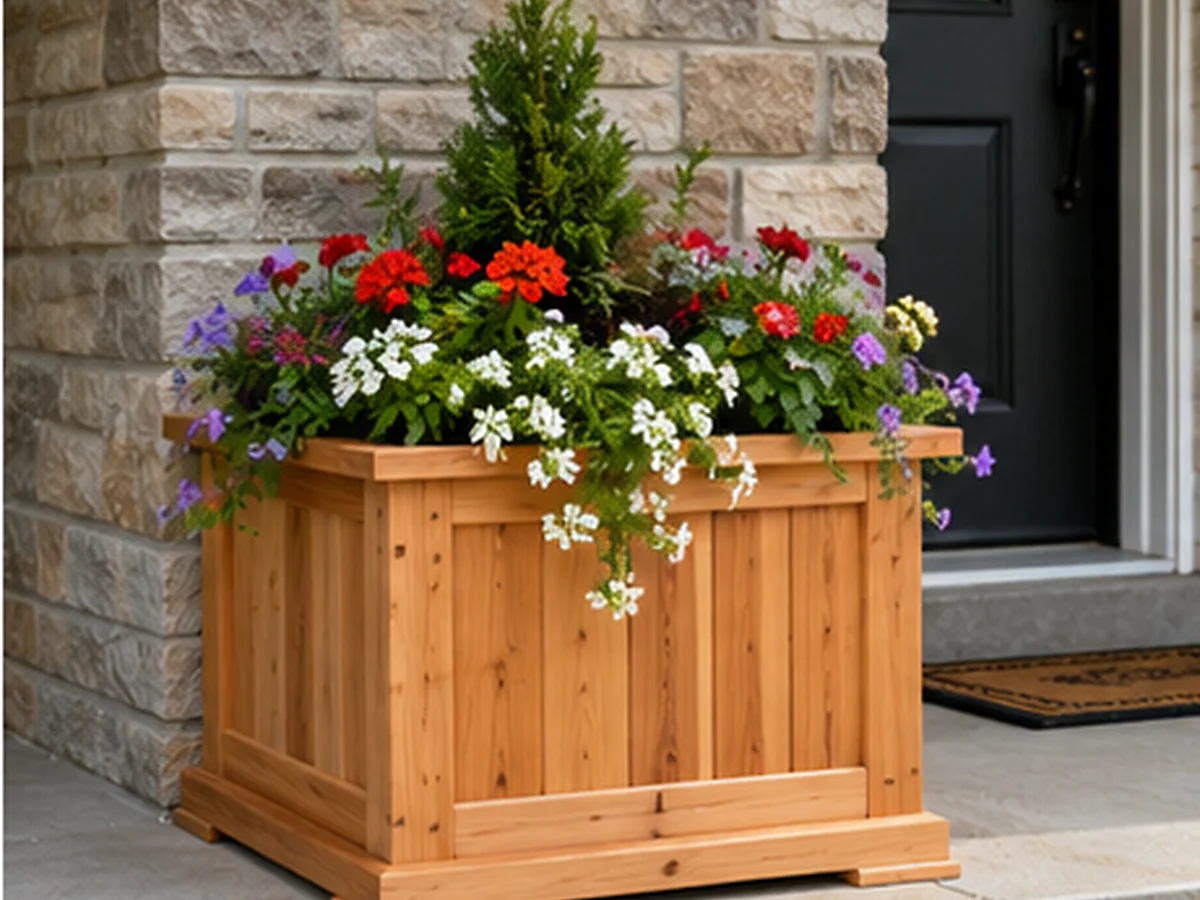Cedar planter positioned at a residential entrance