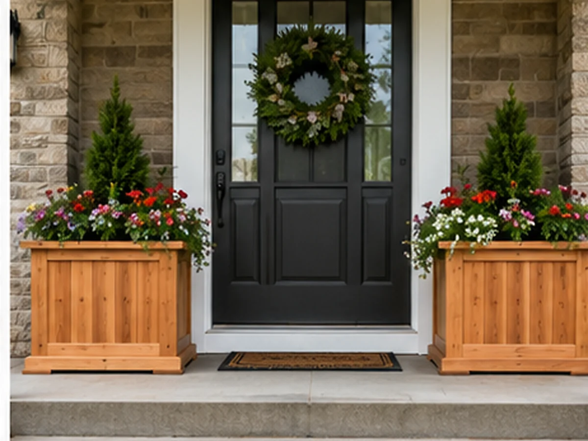 Matching custom cedar planters designed for a home entrance