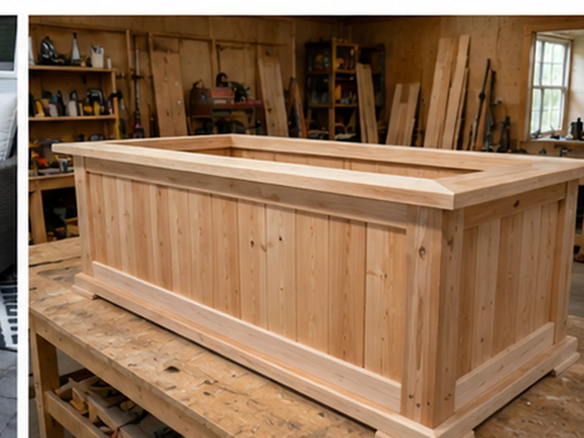 Cedar planter under construction on a woodworking bench
