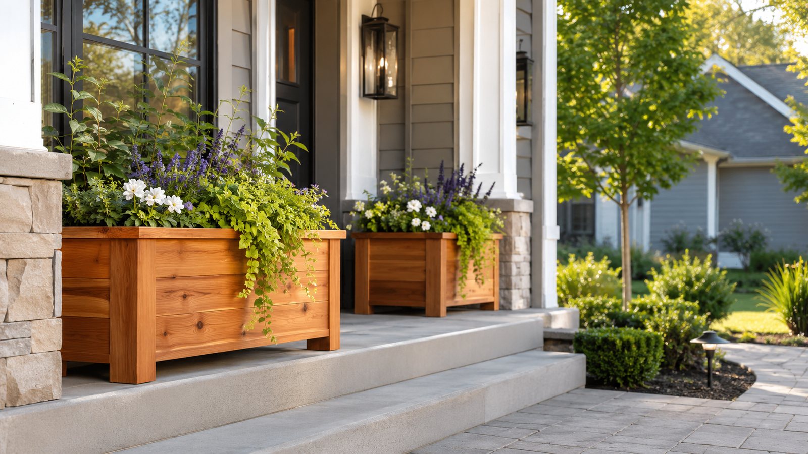 Handcrafted cedar planter boxes filled with flowers on a residential front porch