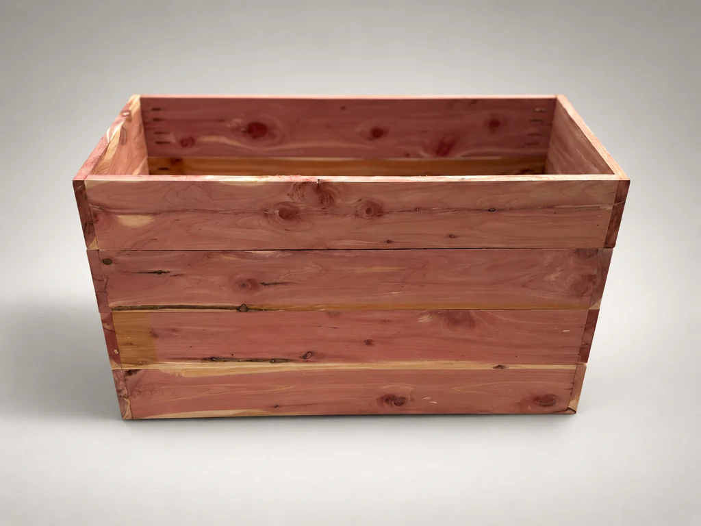 Front view of the open cedar planter shell before outer trim is fitted.