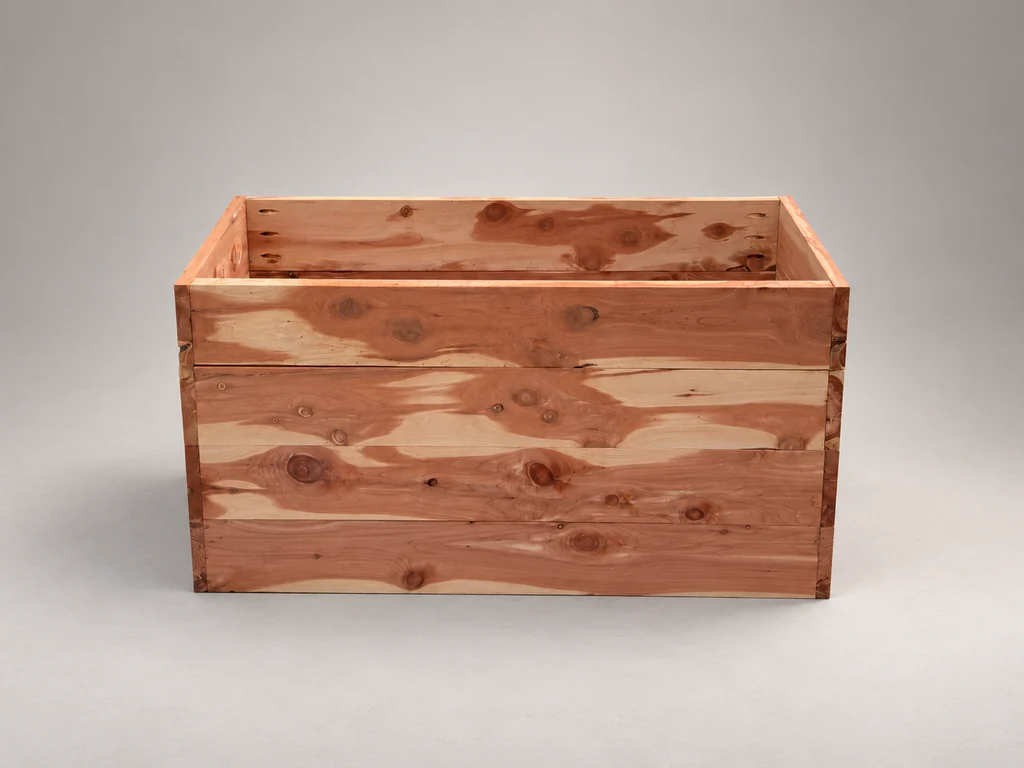 Untrimmed cedar planter with its open interior and panel connections visible.