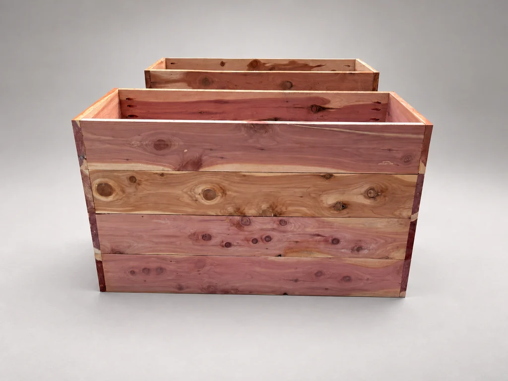 Two untrimmed cedar planter shells with their open interiors visible.