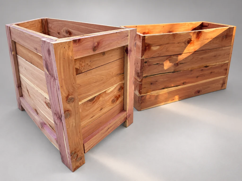 Angled view of a cedar planter with fitted front trim beside an untrimmed cedar shell.